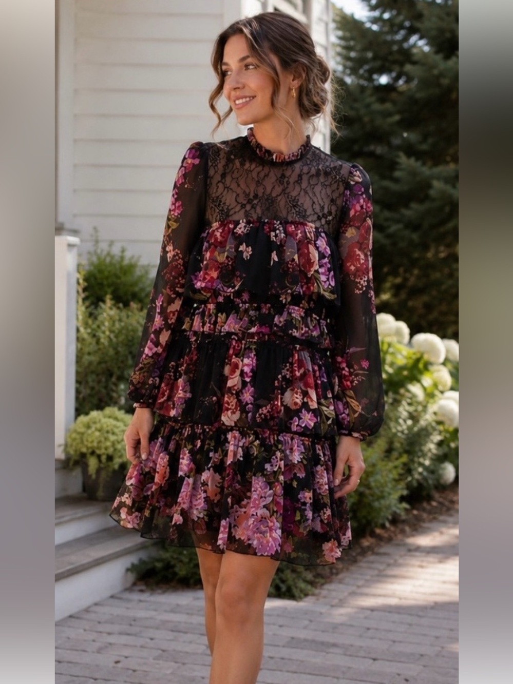 ZARA Floral Lace Tiered Frock Dress Multicolour Medium